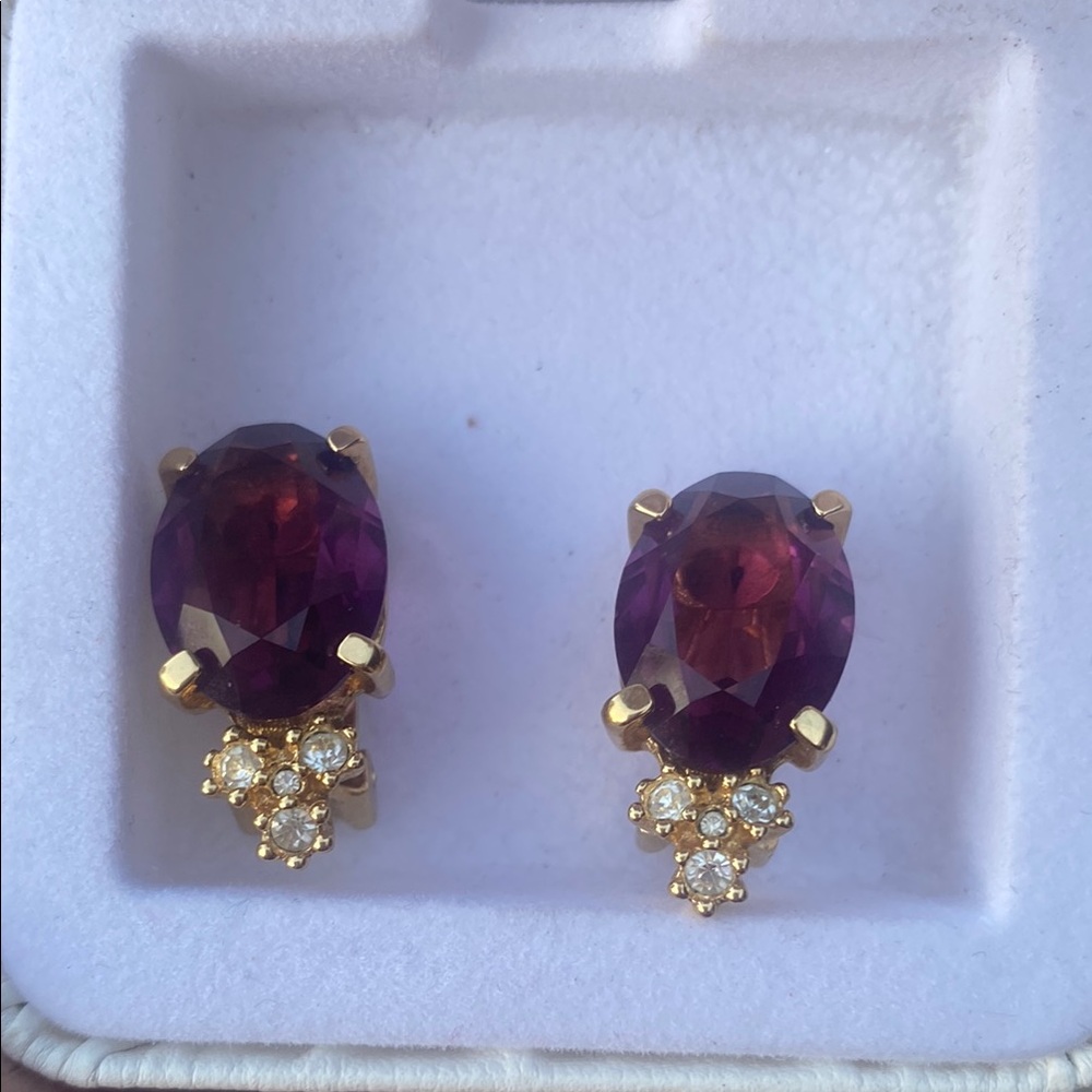 Christian Dior Gold-Tone Purple Oval Crystal Stud Earrings with Accent Stones - Picture 2 of 7